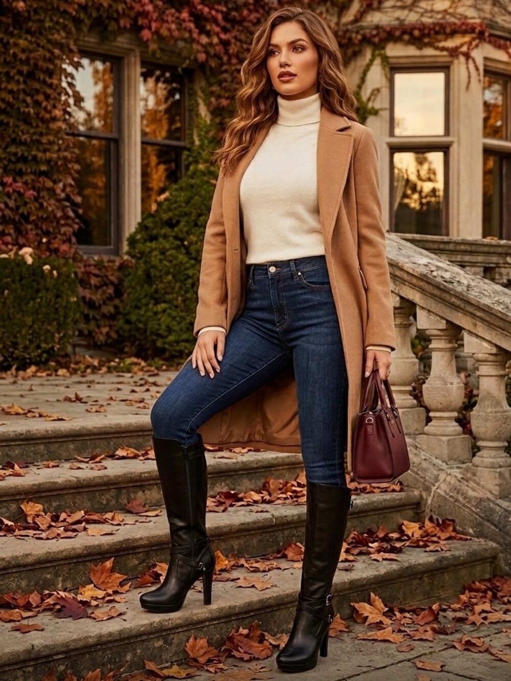 Leather High Heel Knee Boot with Buckle Detail